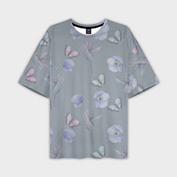 Мужская футболка оверсайз Бабочки и цветы голубого мака