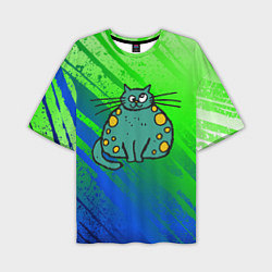 Футболка оверсайз мужская Прикольный зеленый кот, цвет: 3D-принт