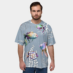 Футболка оверсайз мужская Разноцветные акварельные рыбки и белые водоросли, цвет: 3D-принт — фото 2