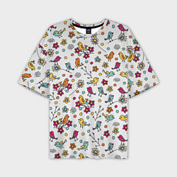 Мужская футболка оверсайз Птицы и цветы Разноцветный узор в дудл стиле