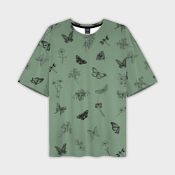 Мужская футболка оверсайз Цветочки и бабочки на зеленом фоне