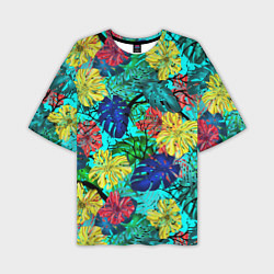 Мужская футболка оверсайз Тропические растения на бирюзовом фоне