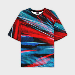 Мужская футболка оверсайз Неоновые прерывающиеся линии - Красный и голубой