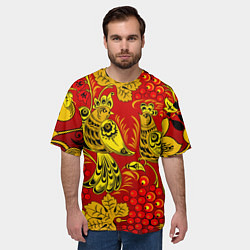 Футболка оверсайз мужская Хохломская Роспись Две Птици На Красном Фоне, цвет: 3D-принт — фото 2