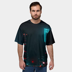 Футболка оверсайз мужская Неоновые высотки в городе - Светло-синий, цвет: 3D-принт — фото 2