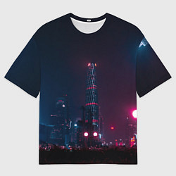 Футболка оверсайз мужская Неоновый ночной город - Тёмно-розовый, цвет: 3D-принт