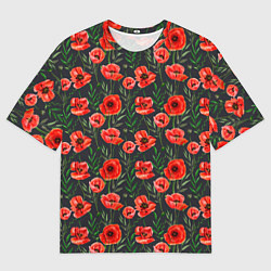 Футболка оверсайз мужская Красные маки на черном фоне, цвет: 3D-принт