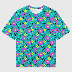 Мужская футболка оверсайз Яркий цветочный узор на бирюзовом фоне