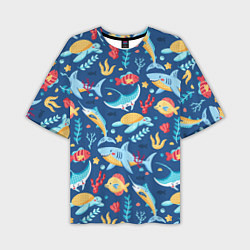 Мужская футболка оверсайз Акула, скат и другие обитатели океана - лето