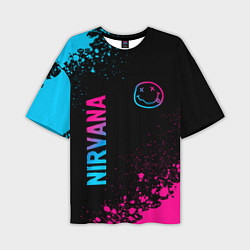 Мужская футболка оверсайз Nirvana - neon gradient: символ и надпись вертикал