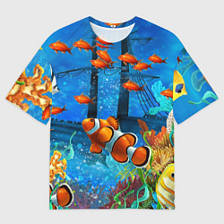 Мужская футболка оверсайз Затонувший корабль в окружении обитателей океана