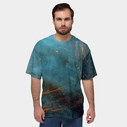 Футболка оверсайз мужская Абстрактная тёмно-синяя краска с оранжевыми мазкам, цвет: 3D-принт — фото 2