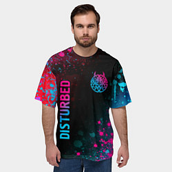 Футболка оверсайз мужская Disturbed - neon gradient: символ и надпись вертик, цвет: 3D-принт — фото 2