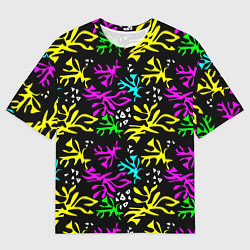 Мужская футболка оверсайз Неоновый абстрактный узор на черном фоне