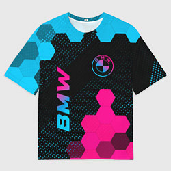 Футболка оверсайз мужская BMW - neon gradient: символ и надпись вертикально, цвет: 3D-принт
