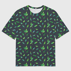 Футболка оверсайз мужская Зеленые листья и веточки на темном фоне, цвет: 3D-принт