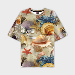 Мужская футболка оверсайз Морские раковины, кораллы, морские звёзды на песке