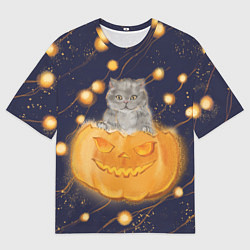 Мужская футболка оверсайз Котик в тыкве, хеллоуин