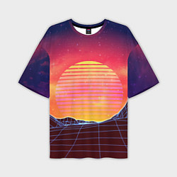 Мужская футболка оверсайз Абстрактные 3D неоновые горы на закате