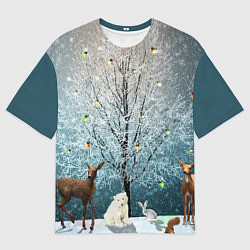 Футболка оверсайз мужская Звери в новогоднем лесу, цвет: 3D-принт