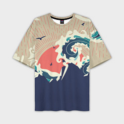 Мужская футболка оверсайз Большая океанская волна и силуэт пустынного остров