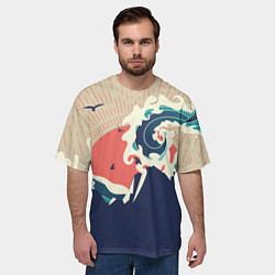 Футболка оверсайз мужская Большая океанская волна и силуэт пустынного остров, цвет: 3D-принт — фото 2