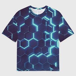 Футболка оверсайз мужская Голубой неон соты, цвет: 3D-принт