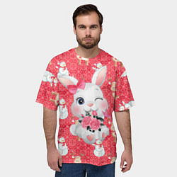 Футболка оверсайз мужская Новый год - зайка с цветами, цвет: 3D-принт — фото 2