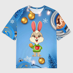 Футболка оверсайз мужская Новогодний зайчик с кофе, цвет: 3D-принт