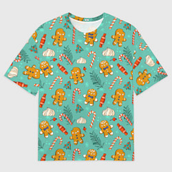 Мужская футболка оверсайз Новогодний паттерн с печеньем и конфетами