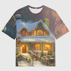 Футболка оверсайз мужская Заснеженные деревья и новогодний коттедж с гирлянд, цвет: 3D-принт