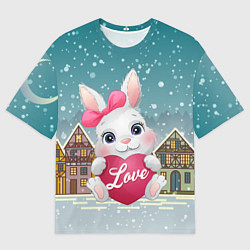 Футболка оверсайз мужская Новогодняя зайка с сердечком, цвет: 3D-принт