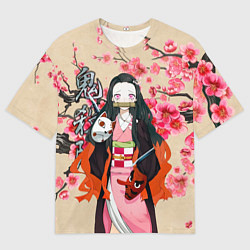 Футболка оверсайз мужская Незуко Камадо под сакурой, цвет: 3D-принт