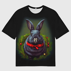 Футболка оверсайз мужская Черный водяной кролик с ленточкой, цвет: 3D-принт