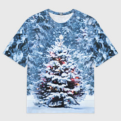 Футболка оверсайз мужская Новогодняя ёлка в лесу, цвет: 3D-принт