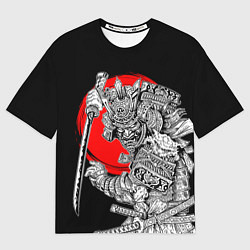 Мужская футболка оверсайз Самурай с мечом на черном фоне