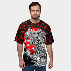 Футболка оверсайз мужская Самурай и сакура на черном фоне, цвет: 3D-принт — фото 2