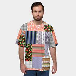Футболка оверсайз мужская Пэчворк из разноцветных лоскутов в оранжевых и сер, цвет: 3D-принт — фото 2