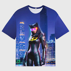 Футболка оверсайз мужская Cat girl on the background of a megalopolis, цвет: 3D-принт