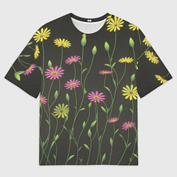 Футболка оверсайз мужская Полевые цветочки на темном фоне, цвет: 3D-принт