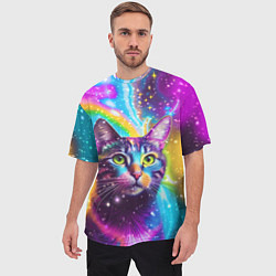 Футболка оверсайз мужская Полосатый кот с разноцветной звездной туманностью, цвет: 3D-принт — фото 2