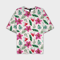 Мужская футболка оверсайз Арбузы, цветы и тропические листья