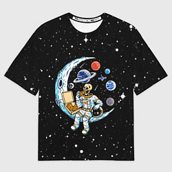 Футболка оверсайз мужская Skeleton astronaut eats pizza while sitting on the, цвет: 3D-принт