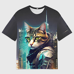 Футболка оверсайз мужская Котяра в стиле киберпанк на фоне ночного города, цвет: 3D-принт