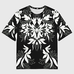 Мужская футболка оверсайз Цветы орнамент чб