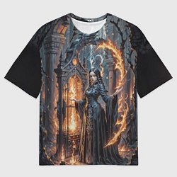 Мужская футболка оверсайз Готическая ведьма и огонь в подземелье