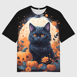 Футболка оверсайз мужская Котик и тыквы - хеллоуин, цвет: 3D-принт