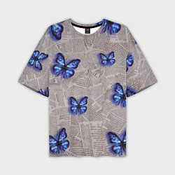 Мужская футболка оверсайз Газетные обрывки и синие бабочки