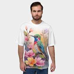 Футболка оверсайз мужская Колибри и цветы - акварель, цвет: 3D-принт — фото 2