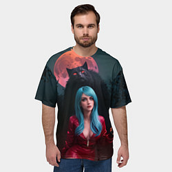 Футболка оверсайз мужская Девушка в красном костюме с чёрным котом, цвет: 3D-принт — фото 2